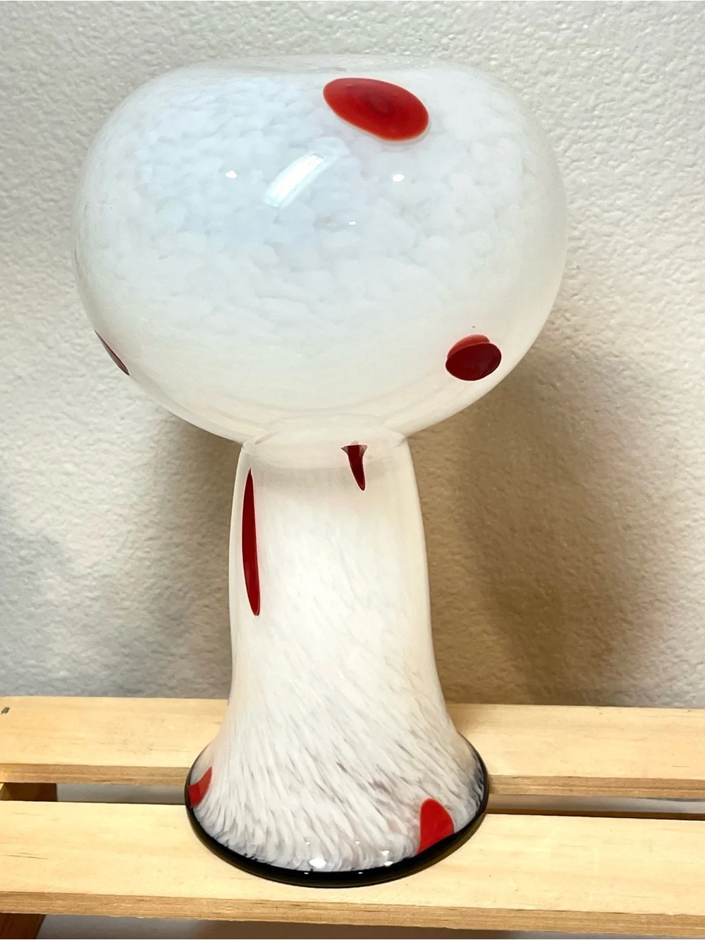 Mottled White w Red Abstract Polka Dots Black Top Rim Glass Art Vase | EUC